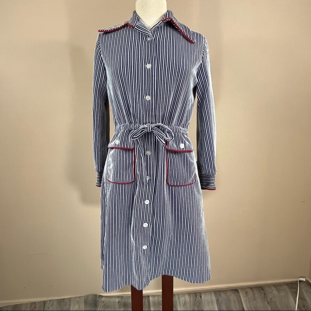 Vintage | Blue White Striped Long Sleeved Dress Red Piping